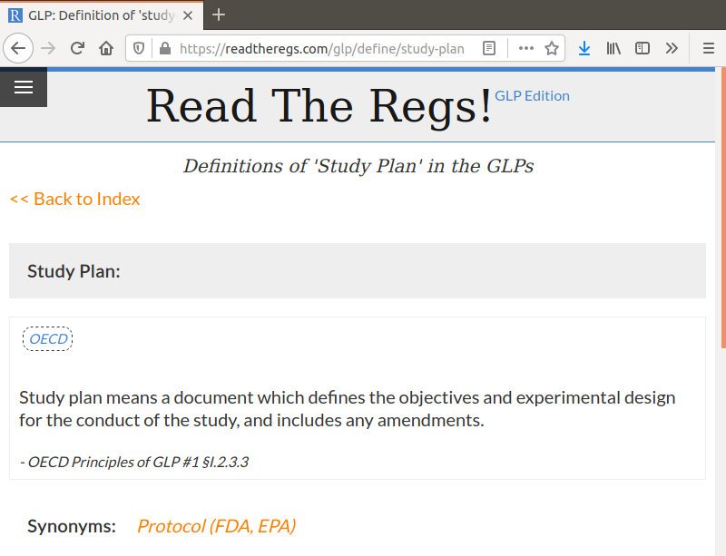 The OECD GLP definition for Study Plan, showing a link to the synonyms "Protocol" from the FDA and EPA GLPs. 