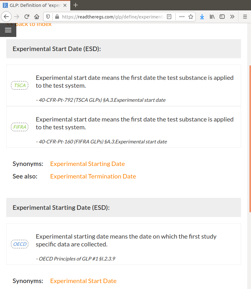 Definitions for Experimental Start Date (TSCA, FIFRA) showing synonyms from the other GLPs and related terms.