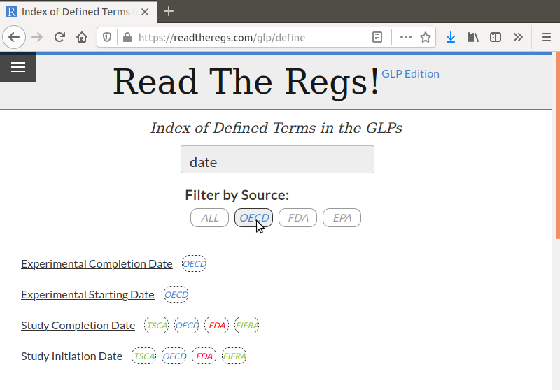Example: Using the search and filter mechanism to find all dates defined in the OECD GLPs